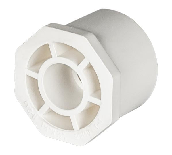 PVC Reducer Bushing - Schedule 40 - White - Spigot x Socket - 1 1/2 Inch to 1/2 Inch