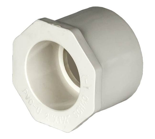 PVC Reducer Bushing - Schedule 40 - White - Spigot x Socket - 2 Inch to 1 1/4 Inch